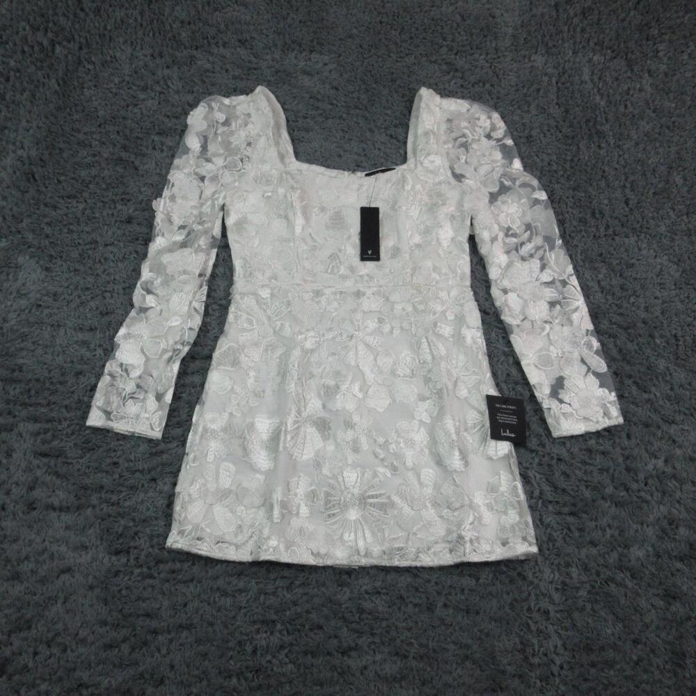 Lulus Dress Womens Medium White Floral Lace Puff Sleeve Mini Fit & Flare NWT